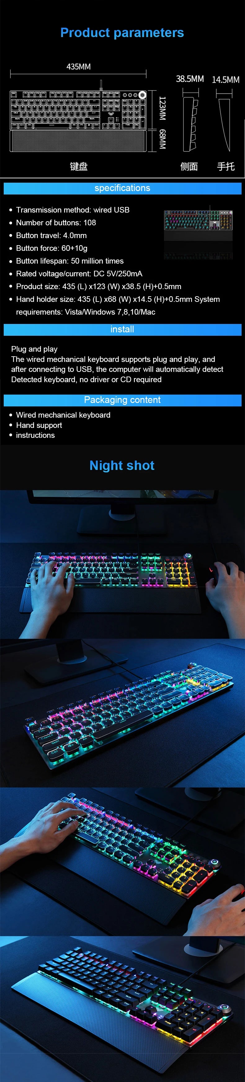 Teclado Mecânico AULA F2088 com Fio para Gaming, Botão Multifuncional, 104 Teclas, Retroiluminação Magic e Programação de Macros para Computador