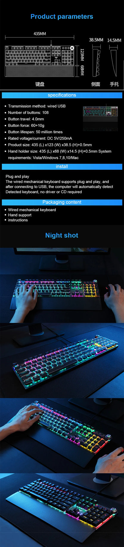 Teclado Mecânico AULA F2088 com Fio para Gaming, Botão Multifuncional, 104 Teclas, Retroiluminação Magic e Programação de Macros para Computador