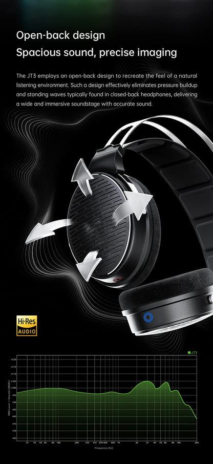 Auscultadores FiiO JT3 Over-Ear com Fio e Design Aberto, Driver Dinâmico de 50mm HiFi, Cabo Amovível