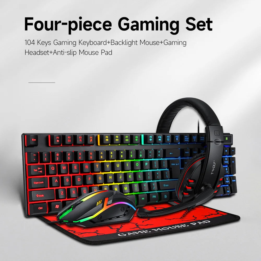 Conjunto Teclado e Rato Gaming 4 Peças Ergonómico, Teclado de 104 Teclas, Rato com Iluminação Respirante de 4 Cores, Auscultadores e Tapete de Rato Antiderrapante