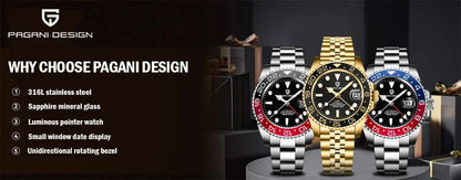 Orologio PAGANI DESIGN GMT 40MM da uomo, di lusso, con vetro zaffiro AR, movimento meccanico automatico, lunetta in ceramica, impermeabile 100M, idea regalo