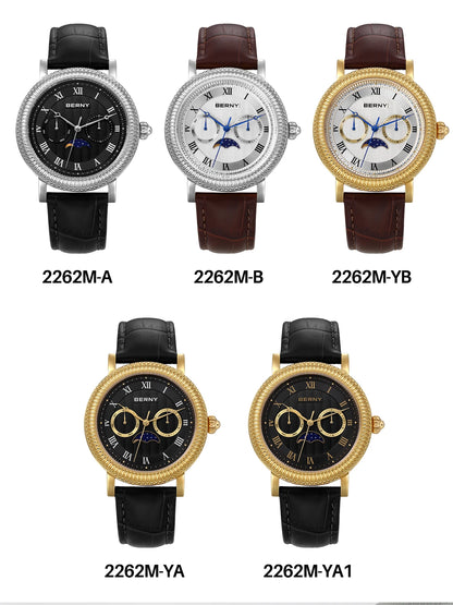 BERNY Watches for Men Luxury Dress Brand Business Gold Quartz Real Moons Man Watch S/S Sapphire Calendar Moon Phase Wristwatch