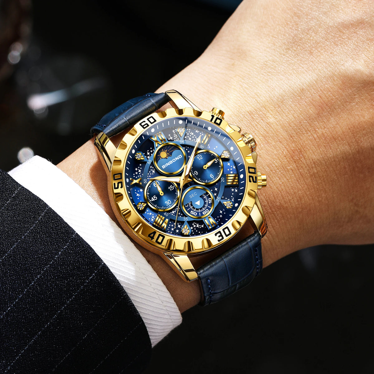 Montre-bracelet à quartz BINBOND authentique et précise pour homme, chronographe lumineux étanche de luxe avec bracelet en cuir.