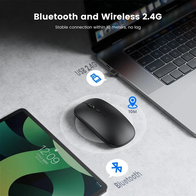 Rechargeable Wireless Mouse Bluetooth 2.4GHz Dual Mode, Silent Ergonomic Wireless Mouse with Adjustable DPI, USB Rechargeable Mouse for PC, Laptop, Mac & Tablet