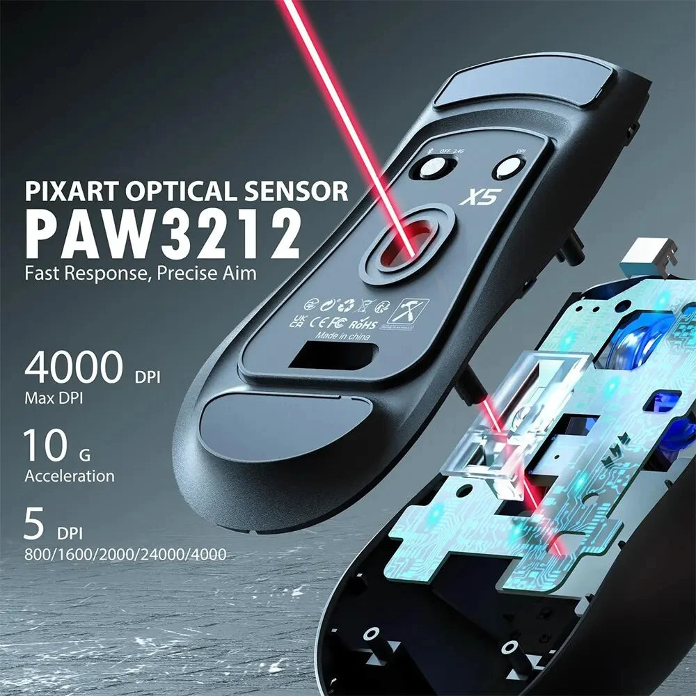 ATTACK SHARK X5 Wireless Gaming Mouse, 49g Tri-Mode Bluetooth Gaming Mouse with PixArt Optical Sensor, RGB Rechargeable Gaming Mouse for PC, Mac & Windows
