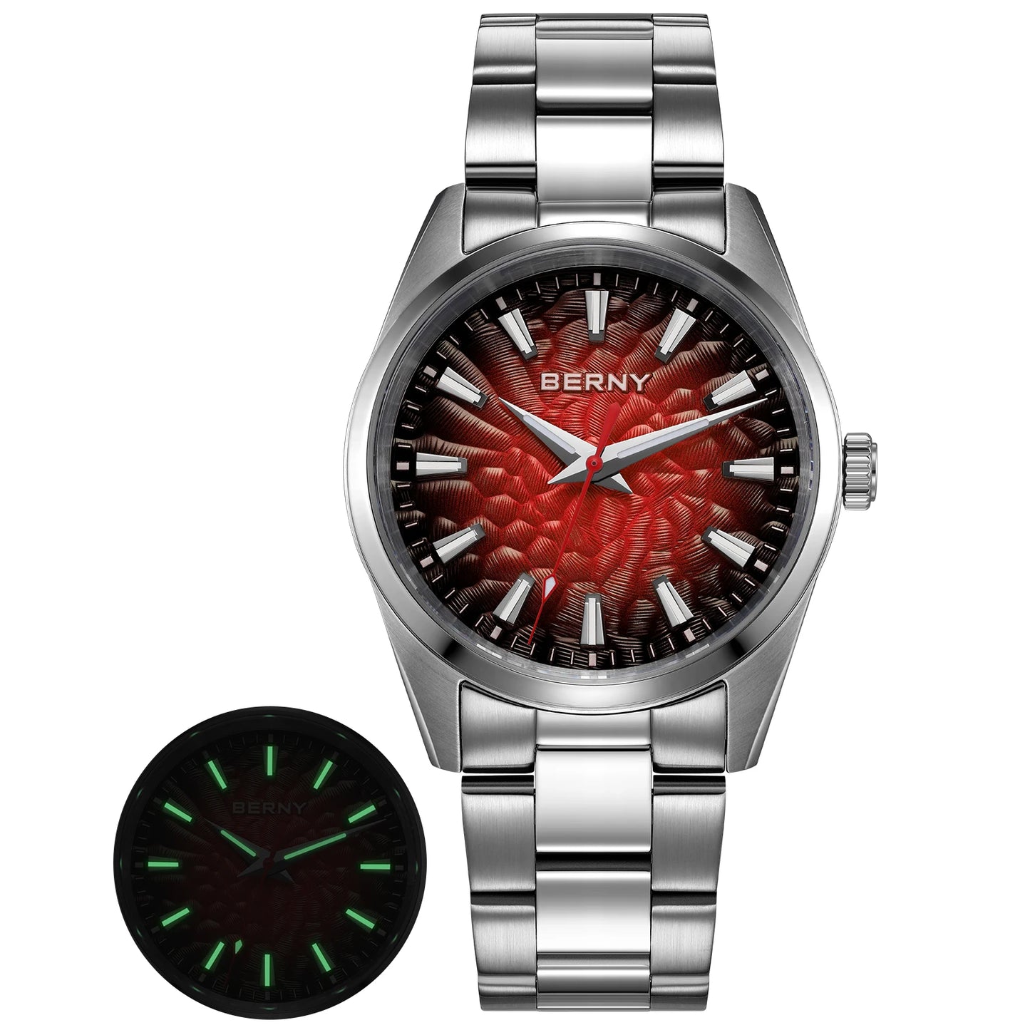 BERNY Men's Watch 10ATM Sapphire Luminous Fashion Quart Watches Full Stainless Steel Classic Dress Business Wristwatch