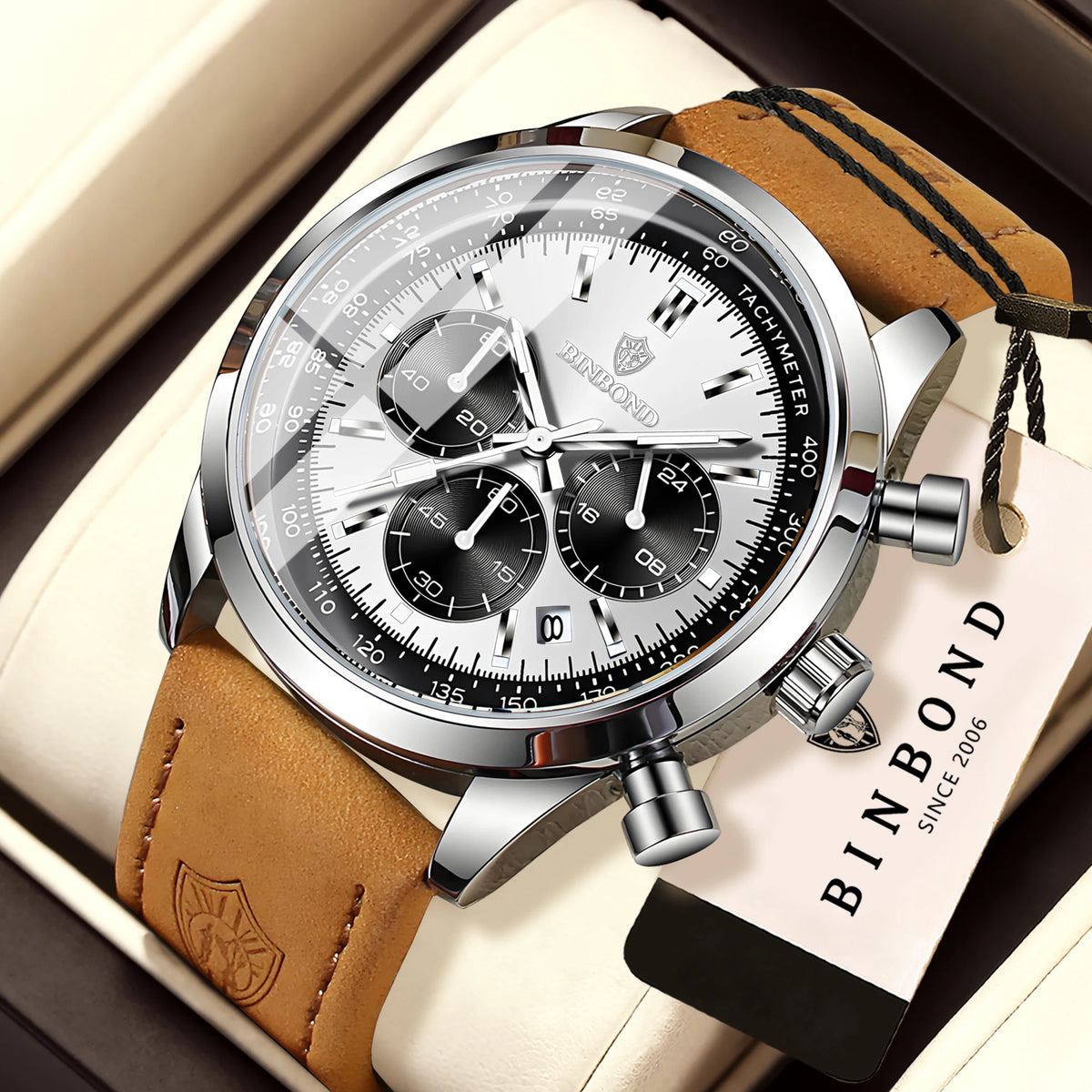 Robuust en nauwkeurig BINBOND-kwartschronograafhorloge voor heren, luxe, met automatische datum, verlicht en waterdicht, casual stijl.