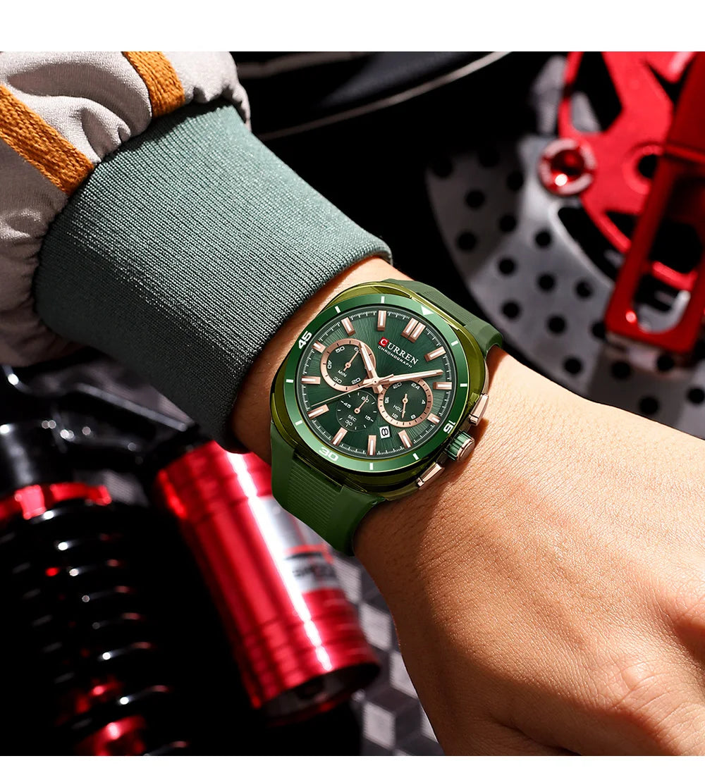 CURREN herenhorloge – Nieuw luxe quartzmodel, siliconen band, sportieve stijl, multifunctioneel, waterdicht, verlicht, met datumweergave en chronograaf.