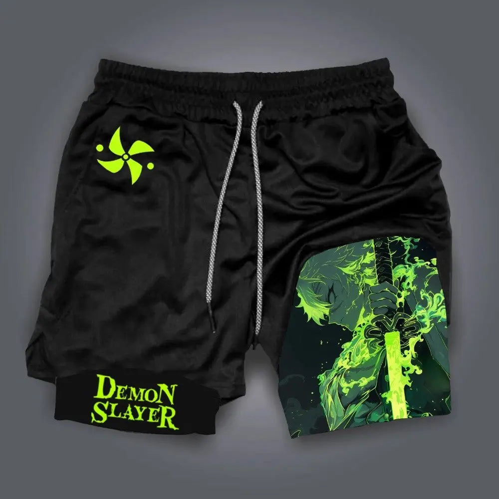 Anime Demon Slayer Gym Shorts Man Quick Dry Pants Double-layer 2 in 1 Shorts Y2k Sportswear Summer 2026 Breathable Streetwear