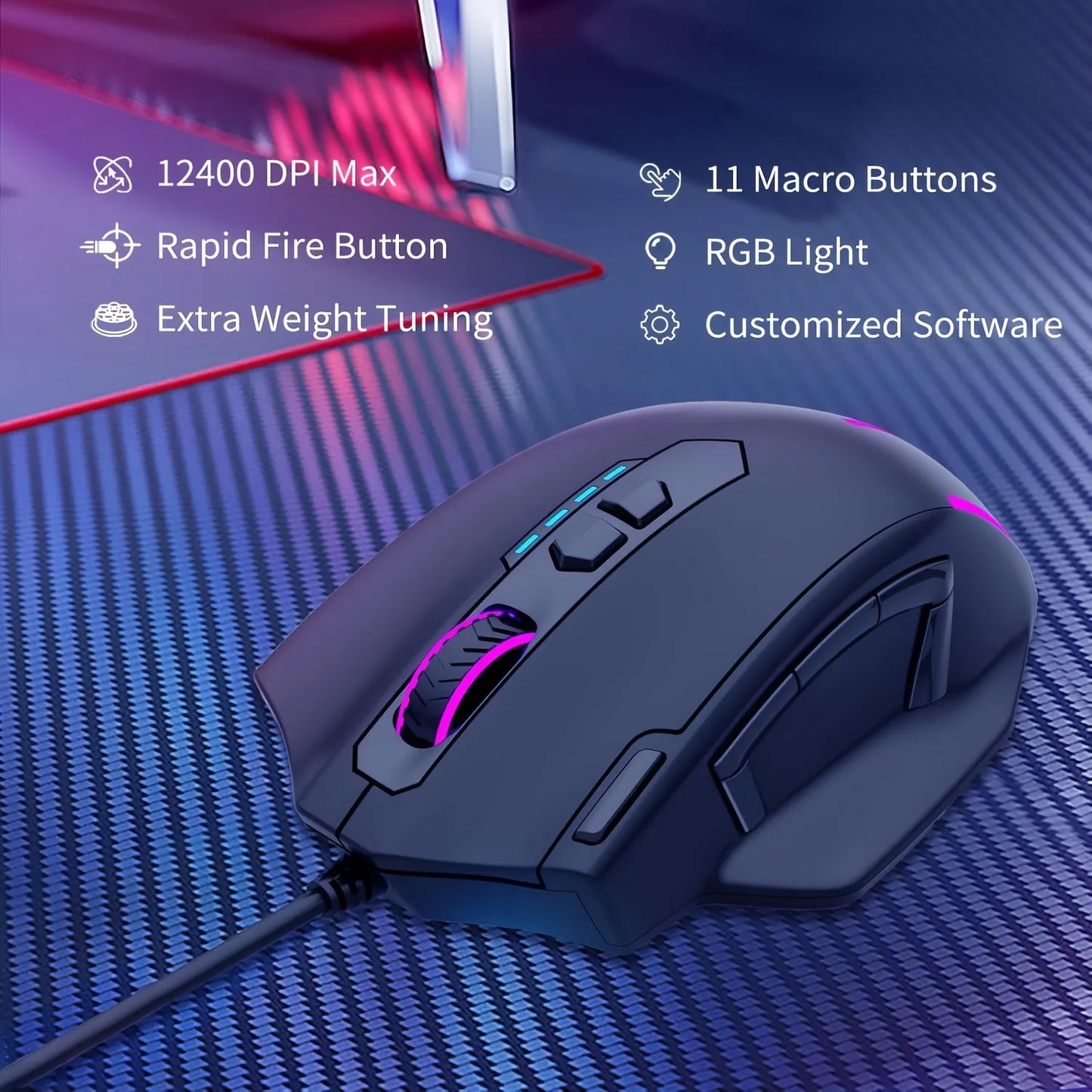 E-YOOSO X-41PRO kabelgebundene Maus, große Gaming-Maus mit RGB-Hintergrundbeleuchtung, 11 programmierbaren Seitentasten, Unterstützung für Computer, PC, Laptop und Mac