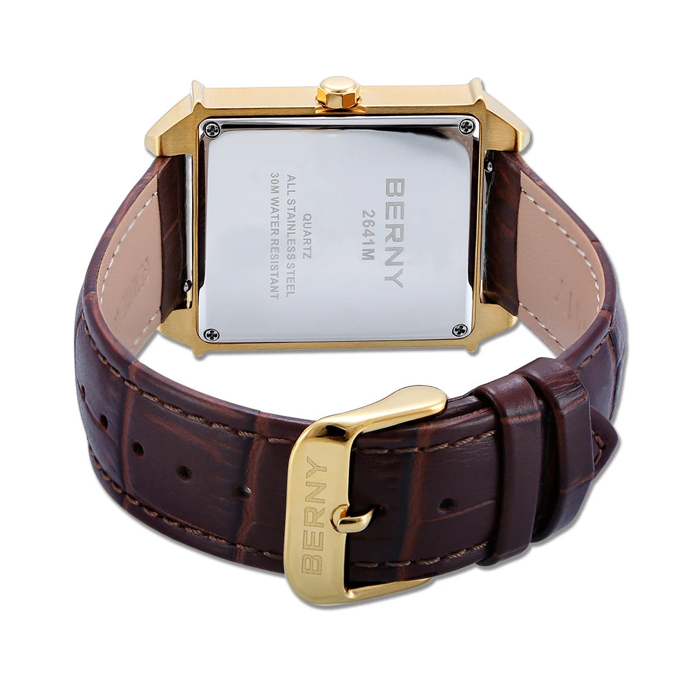 BERNY 6P25 Quartz Watch for Men Golden New Square Wristwatch Vintage Day Top Leather 3ATM Waterproof Luxury Watch Male