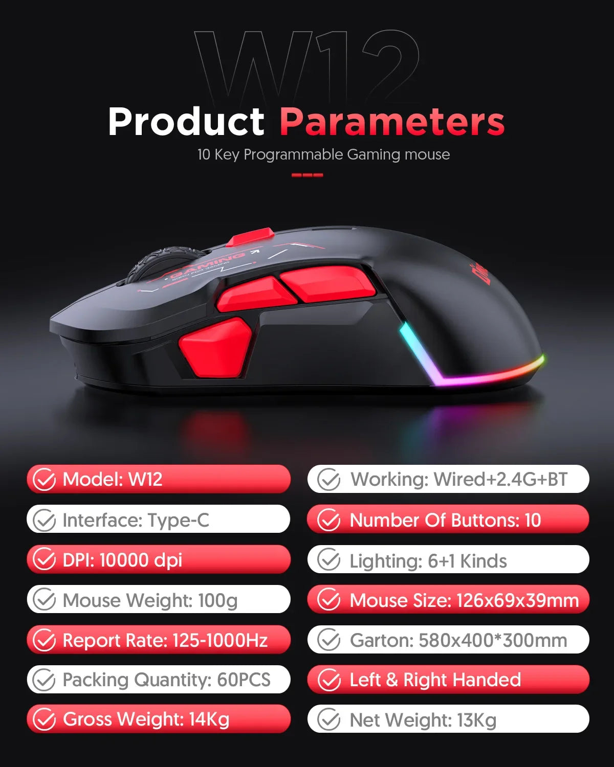 Mouse gaming macro MKESPN W12 a 10 pulsanti, ambidestro, wireless Bluetooth multi-canale tri-mode, grande RGB ergonomico