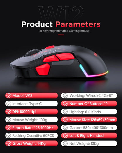 Mouse gaming macro MKESPN W12 a 10 pulsanti, ambidestro, wireless Bluetooth multi-canale tri-mode, grande RGB ergonomico