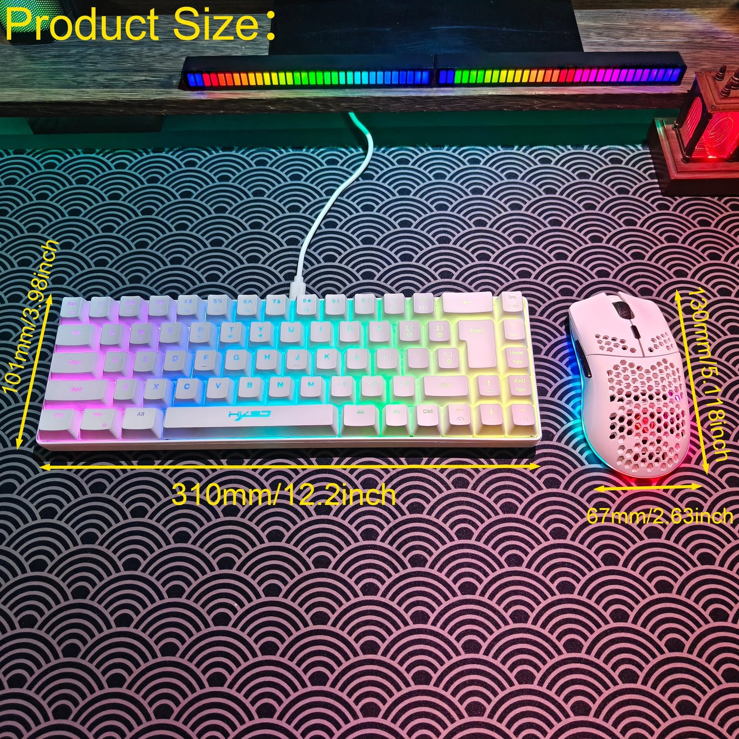 Conjunto portátil de teclado e rato gaming HXSJ 60% RGB: teclado de membrana com fios de 68 teclas e rato sem fios leve de 3 modos para PC e Mac