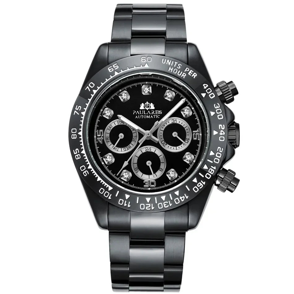 Automatic Mens Watch Mechanical Self Wind Movement Gold Black Stainless Steel Diamonds Stone Sports Luxury Fashion Watches