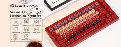 Teclado mecânico gaming AKKO 5075 X Veekos K75, teclado 75% RGB, hot swap 3/5 pinos, com fios, personalizado, com botão rotativo e gasket