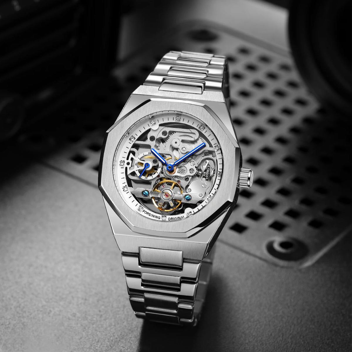 Forsining Tourbillon Skeleton Mechanical Watch for Men Luminous Hands Stainless Steel Strap Fashion Business Automatic Watches