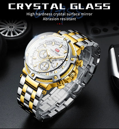 MINI FOCUS Black Stainless Steel Quartz Watch Men Fashion Luminous Dress Wristwatch with Date 24-hour Display Chronograph 0470