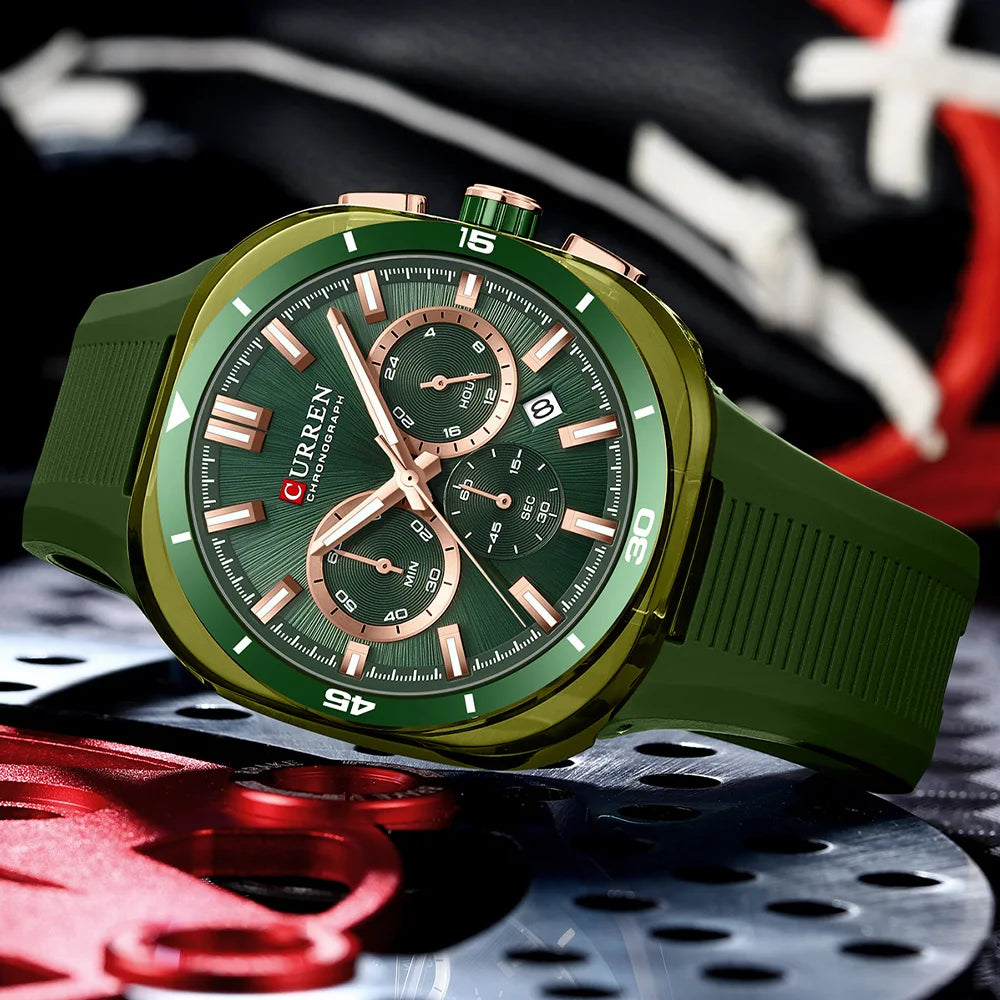 CURREN herenhorloge – Nieuw luxe quartzmodel, siliconen band, sportieve stijl, multifunctioneel, waterdicht, verlicht, met datumweergave en chronograaf.