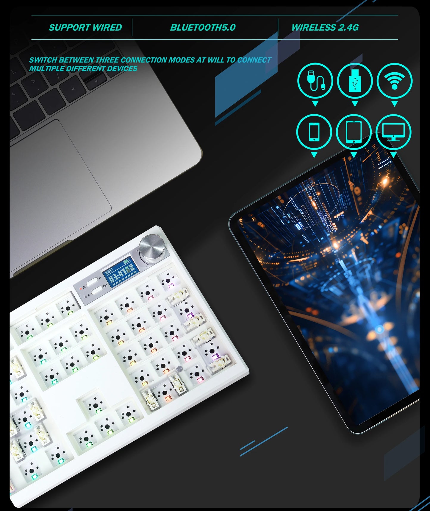 GMK104 Kit de Teclado Mecânico Gaming Tri-Mode Hot-Swap com Retroiluminação, Estrutura Gasket, VIA e Ecrã