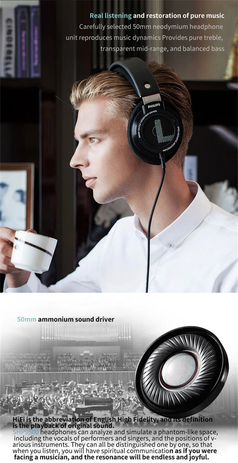 Philips SHP9500 HiFi Stereo Wired Headphones, 50mm Dynamic Driver Open-Back Headset for Gaming, Music, Study & Professional Audio