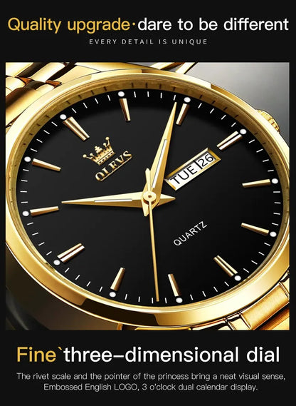 OLEVS Classic Gold Wrist Watches For Top Brand Luxury Business Date Waterproof Luminous Stainless Steel Men Quartz Wristwatch