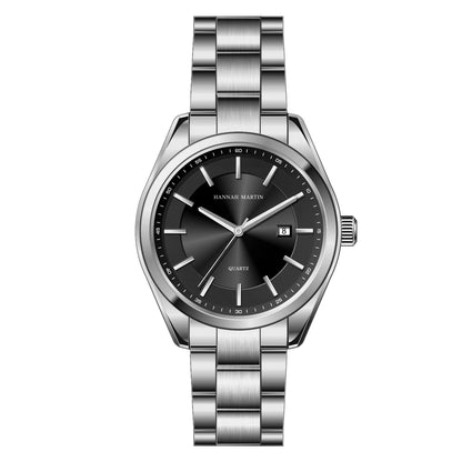 „HANNAH MARTIN“ kvarcinis laikrodis, 40 mm, vyrams, juodos spalvos nerūdijančio plieno apyrankė, atsparus vandeniui iki 3 barų, sportiško-elegantiško stiliaus