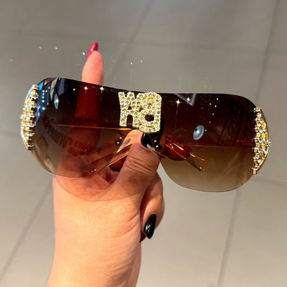 Luxury y2k Rimless Women's Sunglasses with Rhinestone Letters Brand Designer Sun Glasses for Outdoor UV400 Lunettes de soleil
