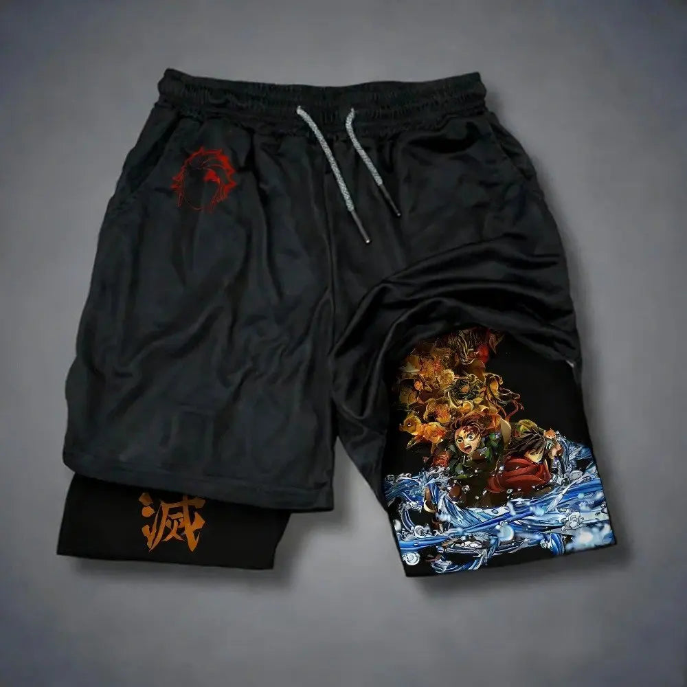 Anime Demon Slayer Gym Shorts Man Quick Dry Pants Double-layer 2 in 1 Shorts Y2k Sportswear Summer 2026 Breathable Streetwear
