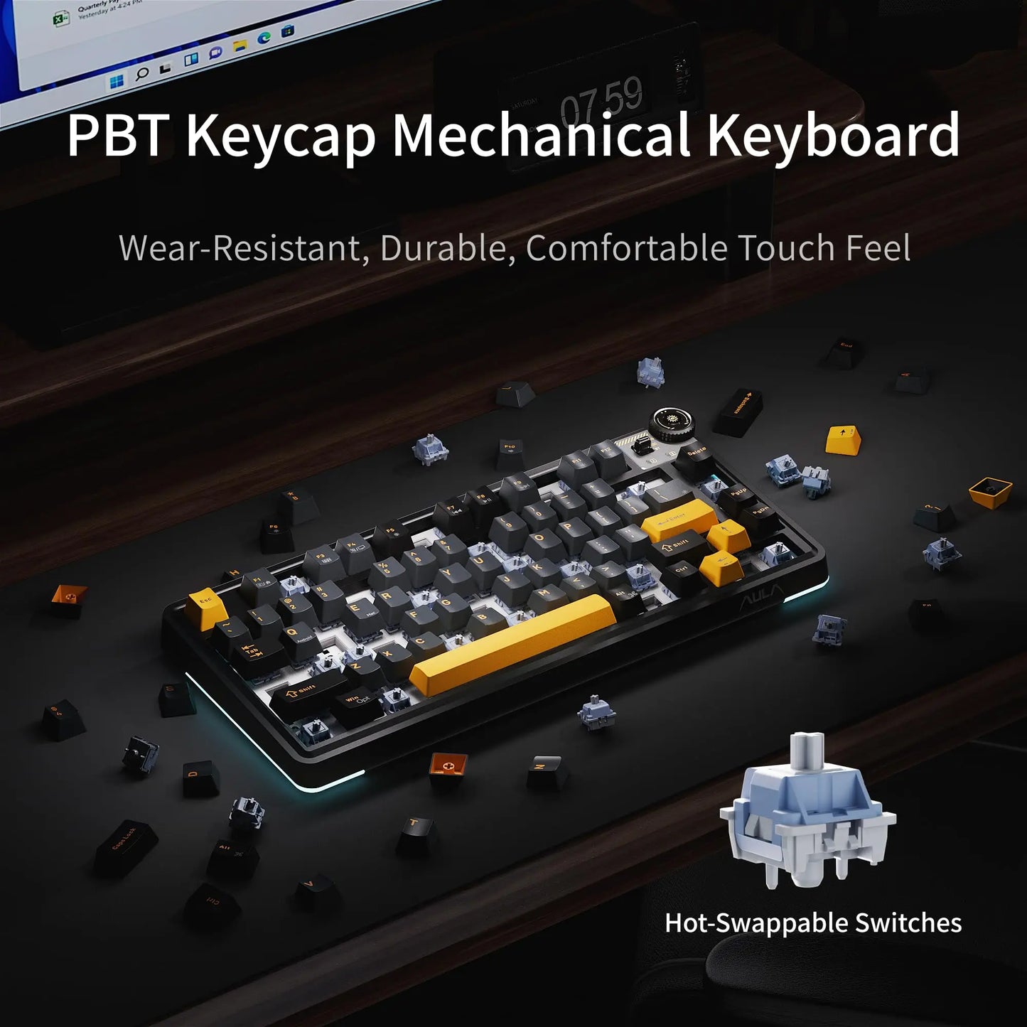 AULA AU75 Wireless Mechanical Keyboard 81 Keys Compact Hot Swappable Custom Keyboard 2.4G/USB/BT5.0 RGB Backlit Gaming Keyboard