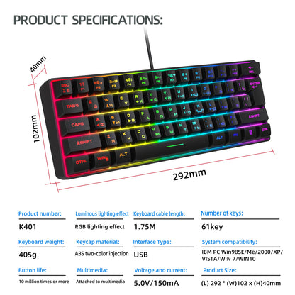 Teclado Gaming, Teclado Ultra-Compacto de 61 Teclas Russo/Inglês com Retroiluminação RGB, Teclado de Escritório Gaming Impermeável com Sensação Mecânica