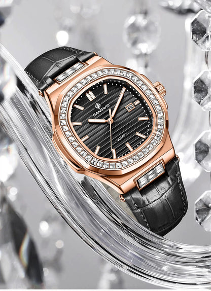 New Fashion BANGWEI Elegant Luxury Quartz Woman Watch Simple Dial Diamond Retro Leather Date Waterproof Luminous Women's Watches