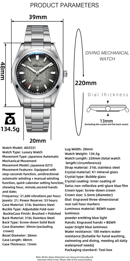 ADDIESDIVE Luxury Men's Automatic Watch BGW9 Super Luminous Bubble Mirror Glass 100m Waterproof Analog Men Steel Watches AD2531