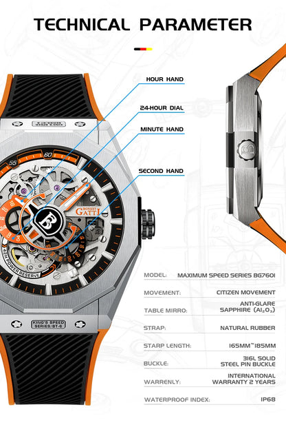 BONEST GATTI BG7601 Men's Automatic Mechanical Watch Sapphire Crystal Waterproof Luminous Rubber Strap Wristwatch