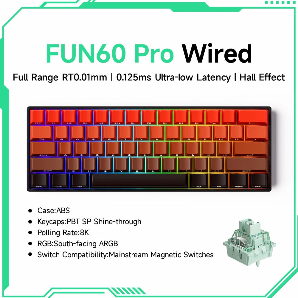 MONSGEEK FUN60 PRO&MAX HE Teclado mecânico 60% sem fios para gaming com switches magnéticos, Rapid Trigger 8K, ARGB e personalização