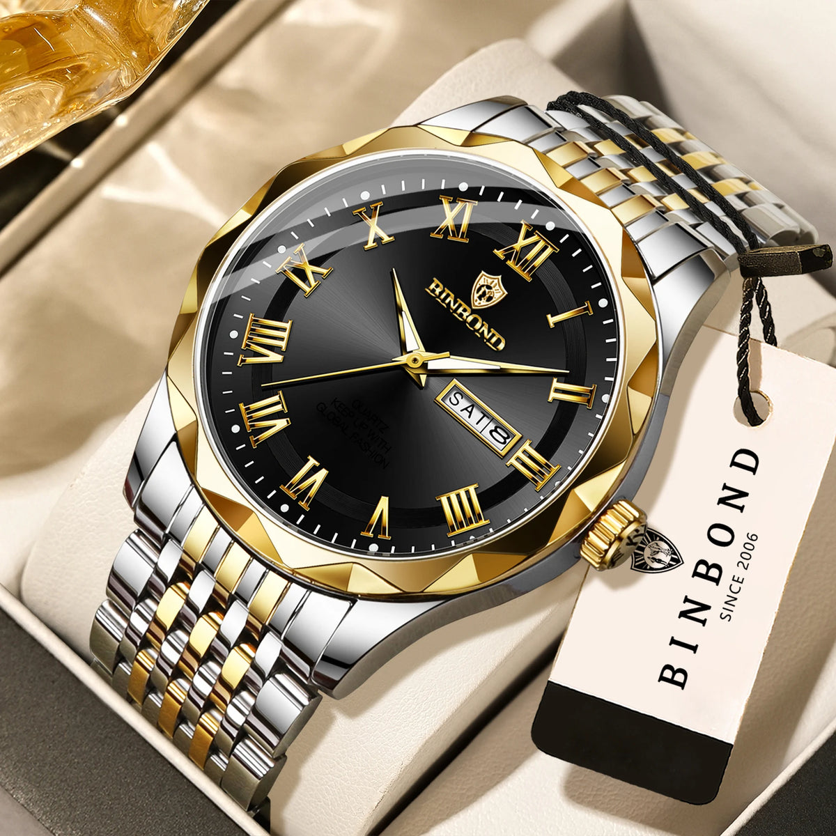 Reloj de pulsera de lujo de cuarzo BINBOND Original Brand para hombre, luminiscente, resistente al agua, con fecha automática, indicación del día de la semana y estilo informal.