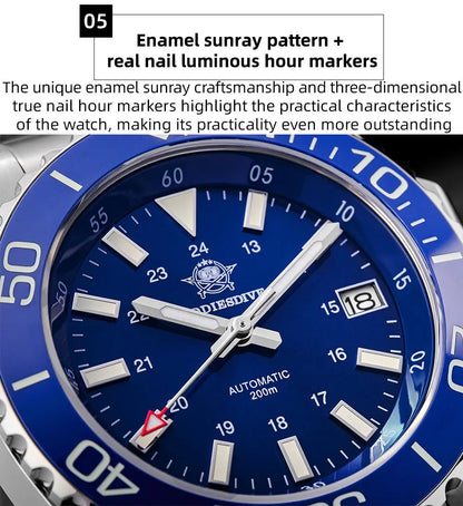 ADDIESDIVE Men's Diver's Watch 200m Sapphire Luminous Ceramic Bezel Men's Analog Mechanical Watch Stainless Steel Diving Watches