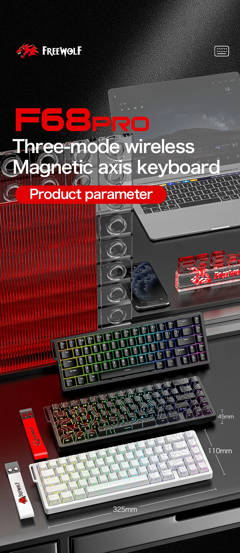 Magnetic Switch Gaming Keyboard Attack Shark X68HE And FreeWolf F68/F68Pro 8K Wired 1K Wireless RGB Rapid Trigger Hall Effect