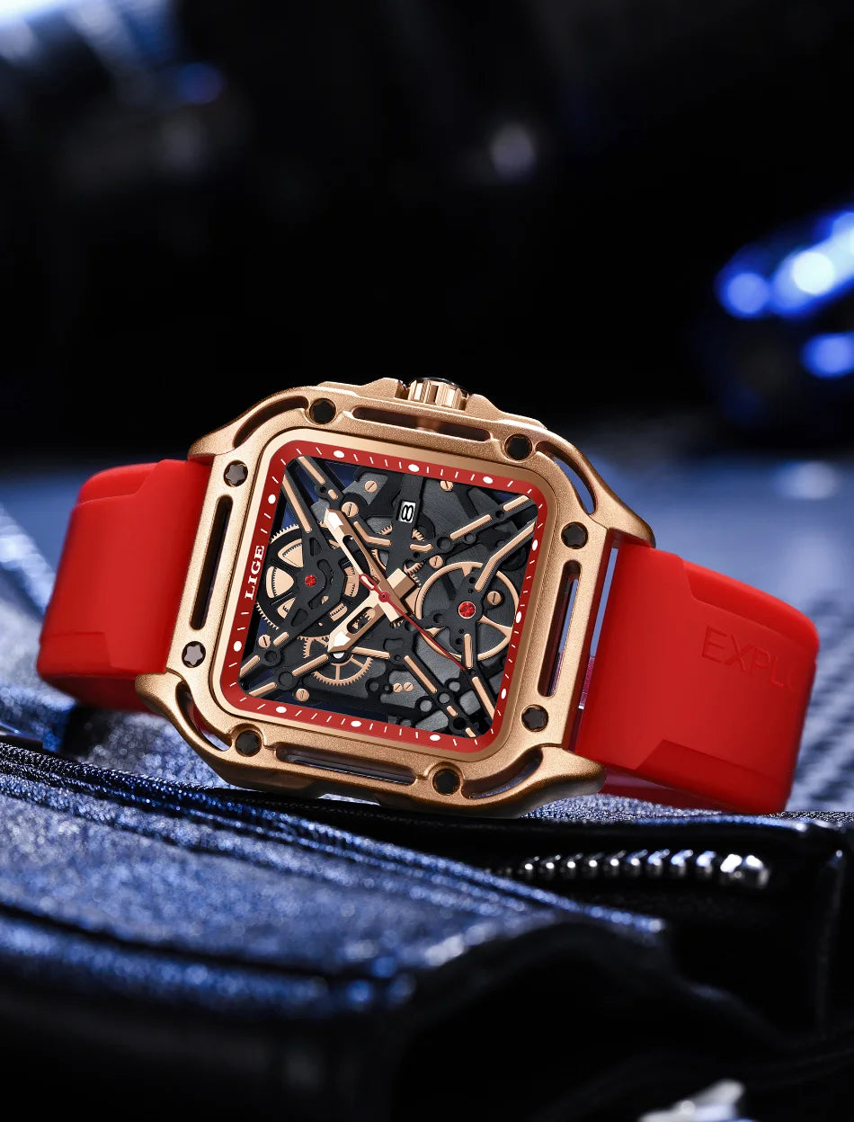 LIGE New Fashion Men Watches Luxury Large Dial Square Design Quartz Watch Casual Silicone Band Men's Sports Watches Reloj Hombre