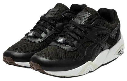 Puma R698 75Y, baskets en cuir et tissu, chaussures de ville confortables à tige basse, baskets noires et blanches, 393403-01.