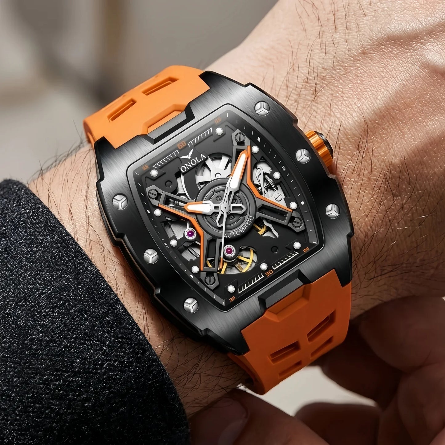 ONOLA Men's Rose Gold Automatic Mechanical Watch Silicone Strap Waterproof Luminous Hollow Dial Watch