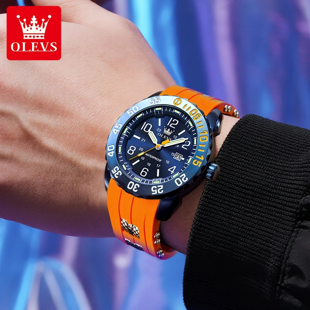 OLEVS Luxury Men's Fashion Quartz Watch Waterproof Luminous Orange Silicone Strap Sports Men Military Wristwatches Watch for Men