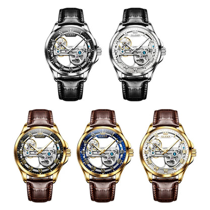 OLEVS Skeleton Automatic Mechanical Watch Men Leather Strap Luminous Waterproof Luxury Business Wristwatch For Man 6661
