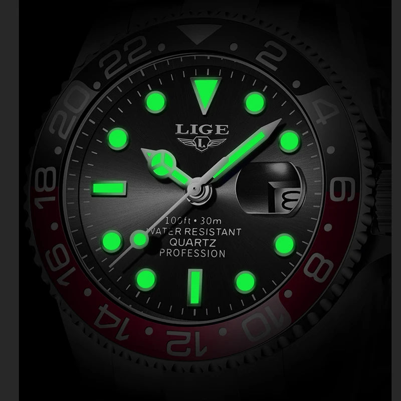 LIGE Fashion Business Watch Men 3ATM Waterproof Luminous Wristwatch Men Clock Top Brand Luxury Sports Quartz Diving Chronograph