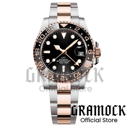 Gramock Rose Gold 40MM GMT NH34A Mechanical Watches Date Sapphire Crystal 100M Diving Rotating Bezel Men's Automatic Wristwatch