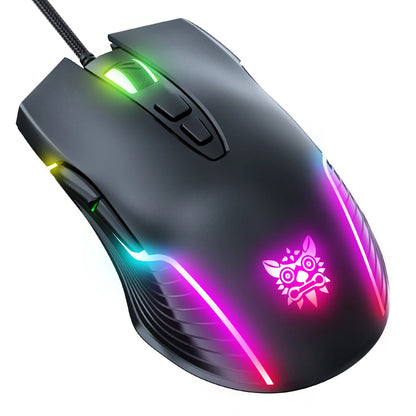 Mouse da gaming cablato ONIKUMA, 6 livelli regolabili, 6400 DPI, 7 pulsanti programmabili, 7 modalità di illuminazione RGB, design ergonomico per gamer PC
