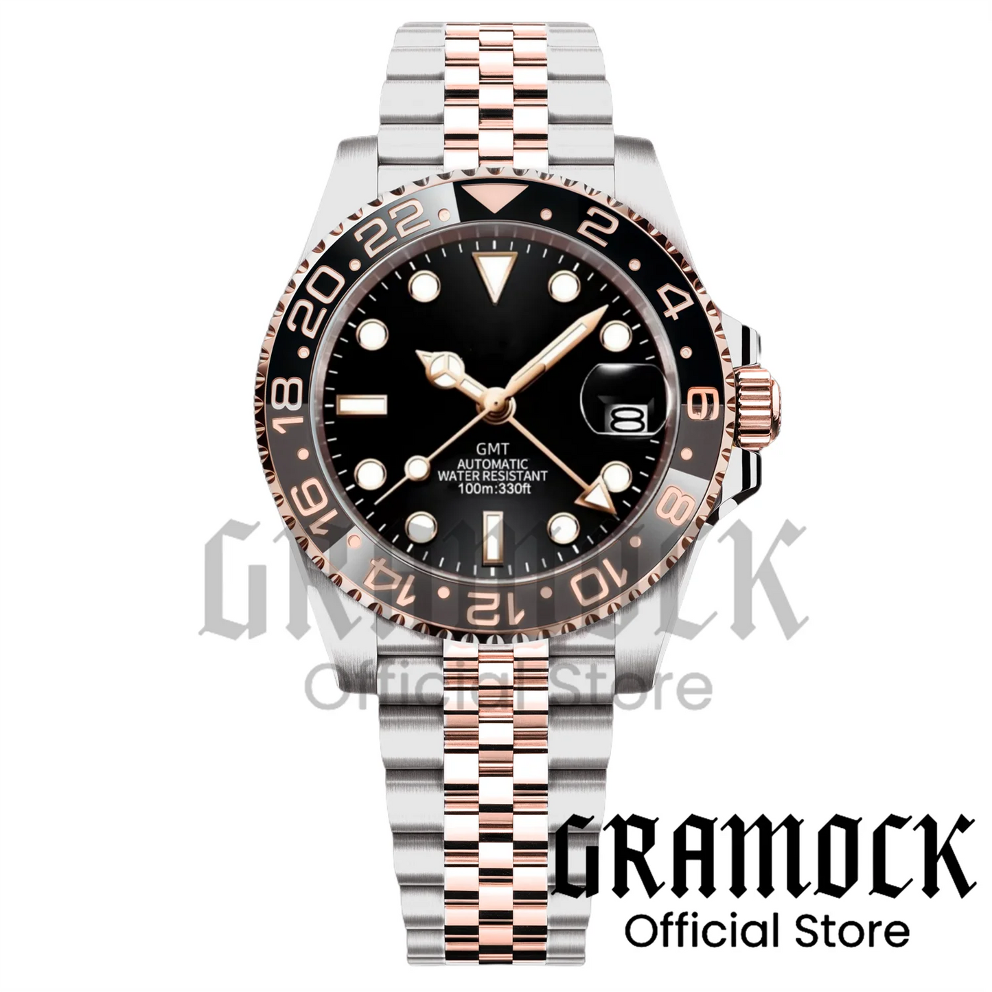 Gramock Rose Gold 40MM GMT NH34A Mechanical Watches Date Sapphire Crystal 100M Diving Rotating Bezel Men's Automatic Wristwatch
