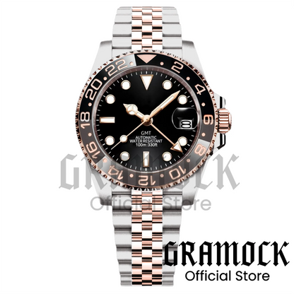 Gramock Rose Gold 40MM GMT NH34A Mechanical Watches Date Sapphire Crystal 100M Diving Rotating Bezel Men's Automatic Wristwatch