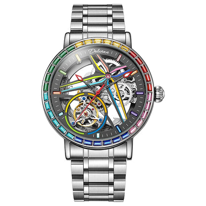 Muški sat sa skeletnim dizajnom, modnog stila, postavljen dragog kamenjem u duginim bojama i s tourbillon mehanizmom; luksuzni automatski mehanički sat, vodootporan do 30 metara.
