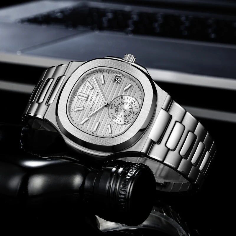 DIDUN Mens Watches Top Brand Luxury Business Stainless Watch Male Military Quartz Chronograph Analog Date Clock Steel Wristwatch